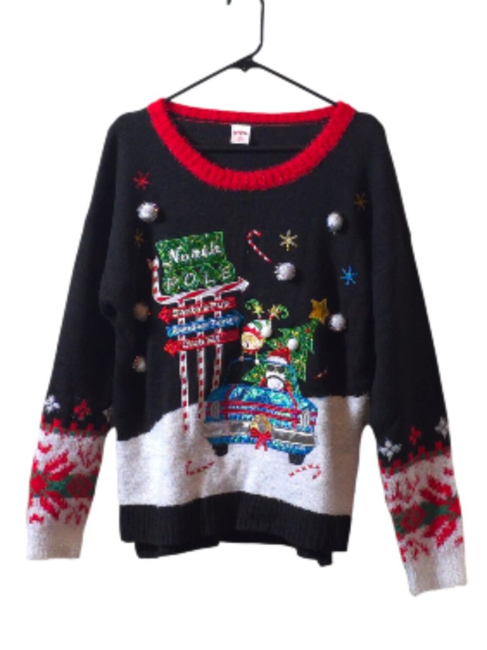 Holiday Time Ugly Christmas Sweater L 12-14 North Pole Santa Car Knit Holiday